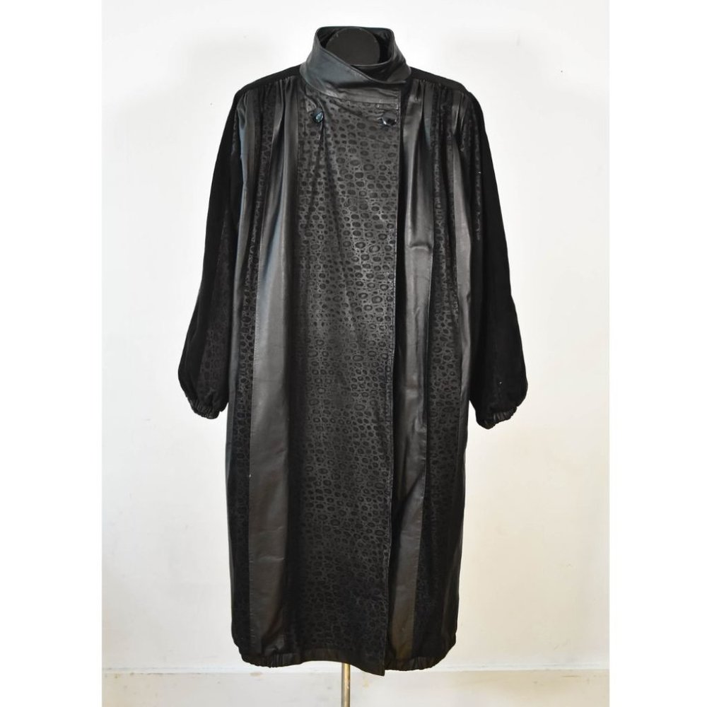 Vintage 80s Black Leather and Suede Trench Coat - Picture 1 of 11